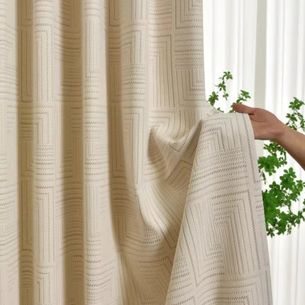 a person holding a curtain with a plant in the background