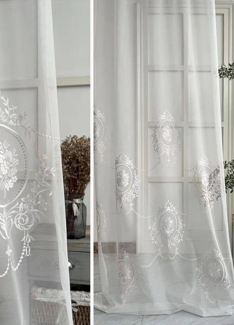 two pictures of a white curtain in a room