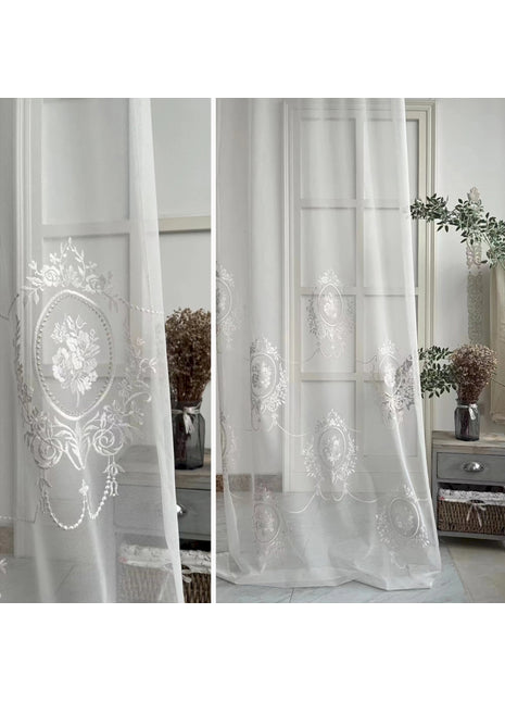 two pictures of a white curtain in a room