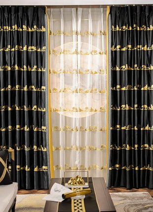 a living room with black and gold curtains