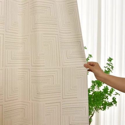 a person holding up a curtain with a plant in the background