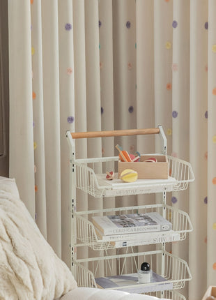 a white shelving unit in a living room