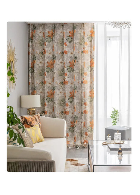Rideau Gris Motifs Fleurs Orange