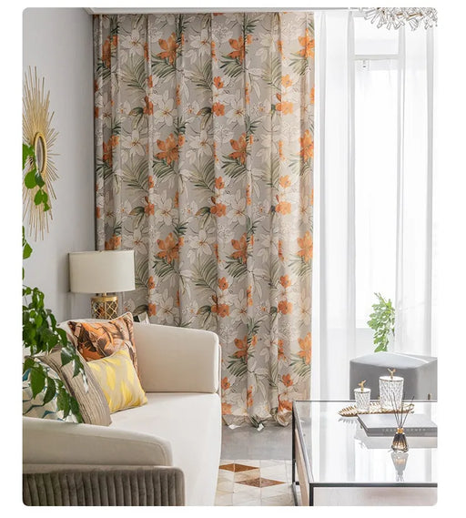 Rideau Gris Motifs Fleurs Orange