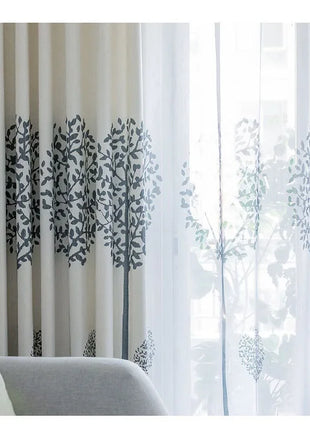 Rideau Blanc Motifs Bleu Fleur