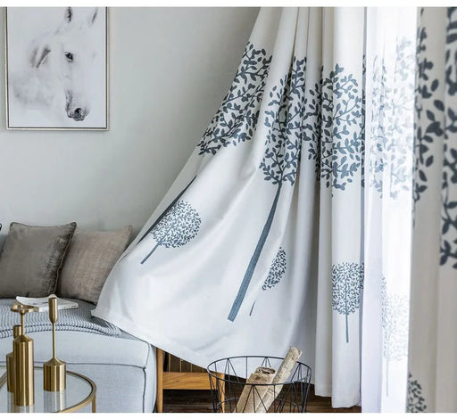 Rideau Blanc Motifs Bleu Fleur