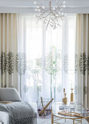 Rideau Blanc Motifs Bleu Fleur