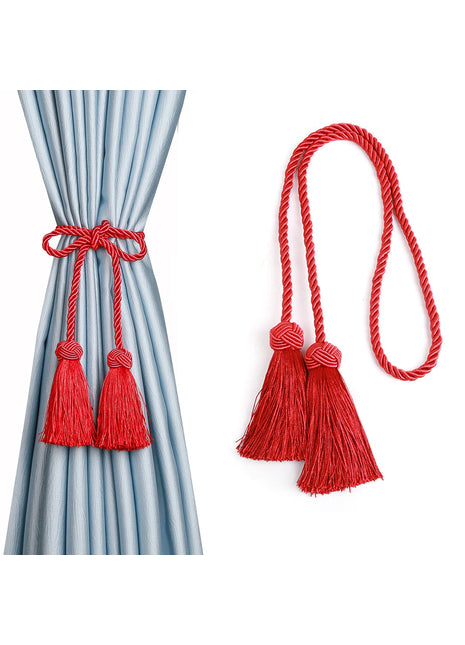 Embrasse rideau avec pompons rouges style boheme sur rideau blanc - Rideaux Deco