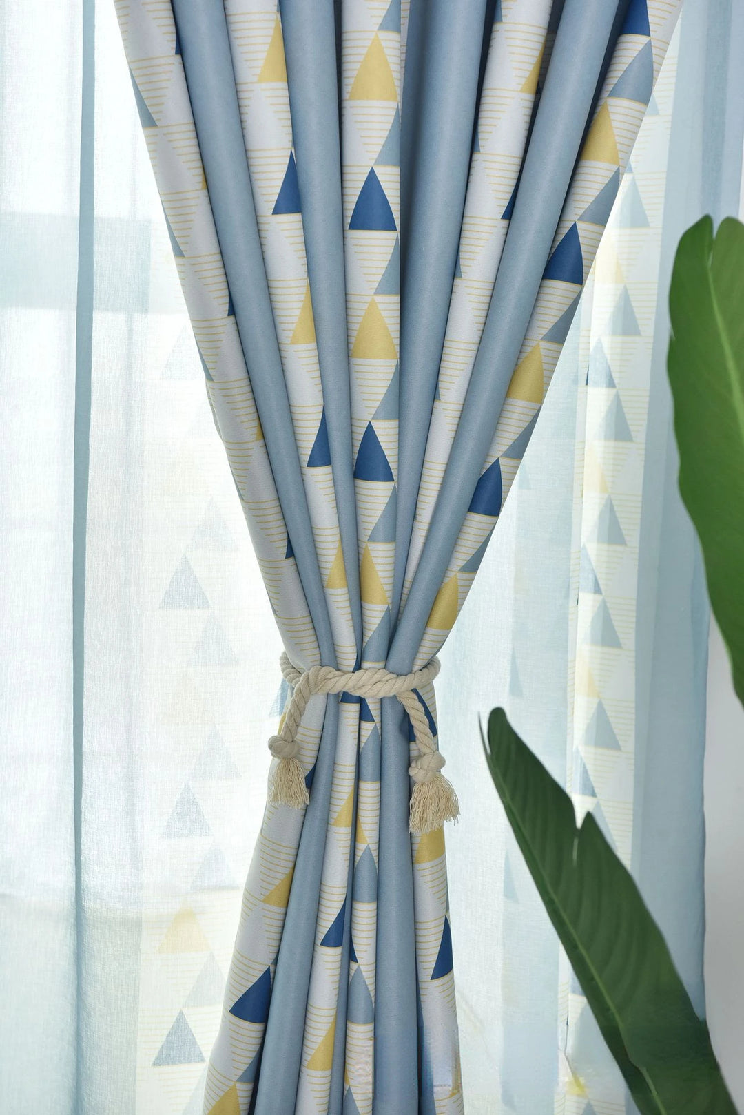 Rideau De Cuisine Court 150x91 Cm - Bleu Coton Lin Motif Géométrique Bohème