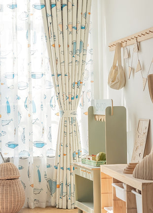 a room with curtains, a table, and a vase