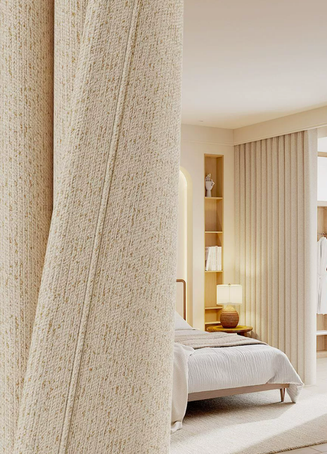 a serene and well-organized bedroom with a large bed, a nightstand, and a dresser. The room has a neutral color scheme with beige curtains and a white bedding set.