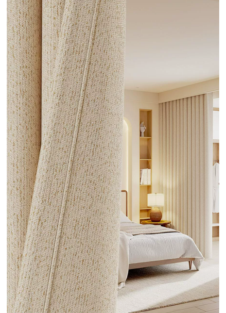 a serene and well-organized bedroom with a large bed, a nightstand, and a dresser. The room has a neutral color scheme with beige curtains and a white bedding set.