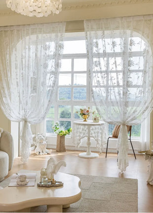 Voilage blanc brodé fleurs beige style romantique pour chambre