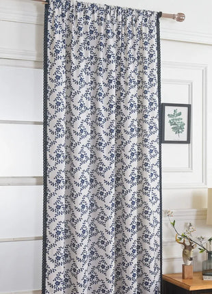 Rideau Blanc Motifs Bleu Fleur