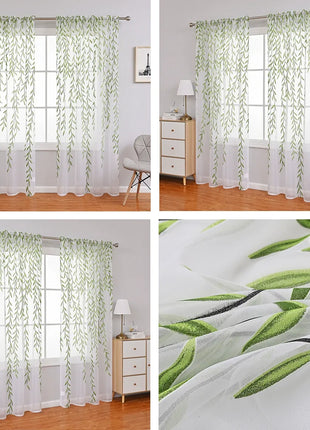 Voilage Blanc Imprimé Feuilles Vertes Salon