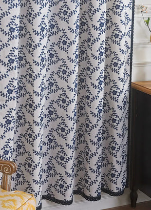 Rideau Blanc Motifs Bleu Fleur