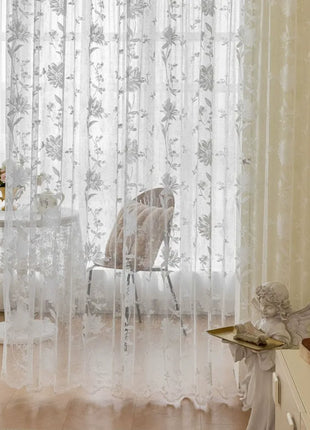 Voilage blanc brodé fleurs beige style romantique pour chambre
