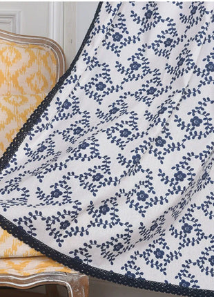 Rideau Blanc Motifs Bleu Fleur