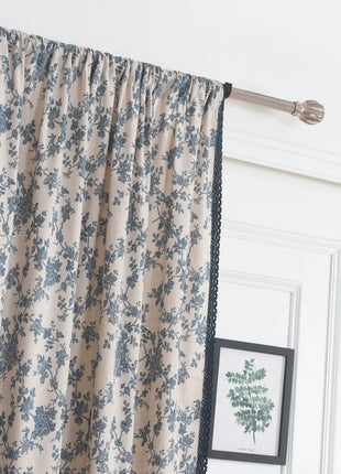 Rideau Blanc Motifs Bleu Fleur