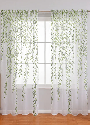 Voilage Blanc Imprimé Feuilles Vertes Salon