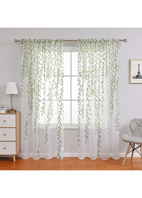 Voilage Blanc Imprimé Feuilles Vertes Salon