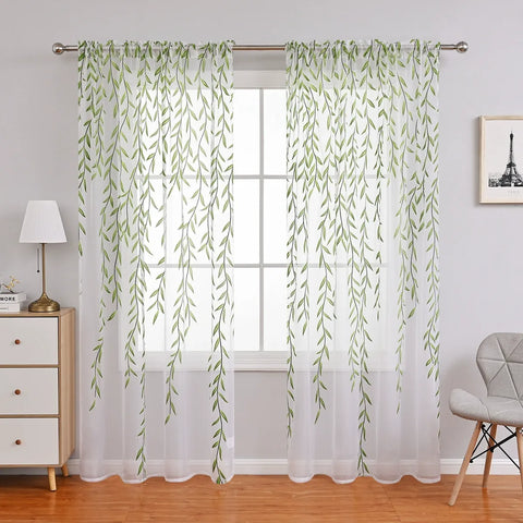 Voilage Blanc Imprimé Feuilles Vertes Salon
