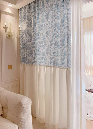 Rideau floral bleu et blanc élégant salon