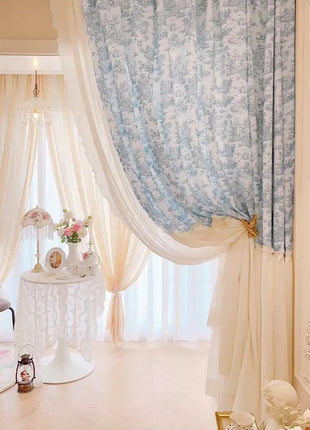 Rideau floral bleu et blanc élégant salon