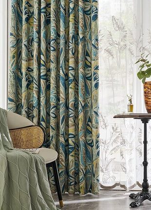Rideau chenille feuillage tropical vert et bleu