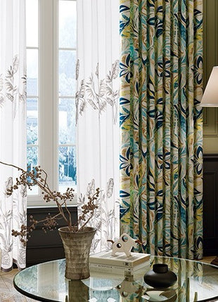 Rideau chenille feuillage tropical vert et bleu