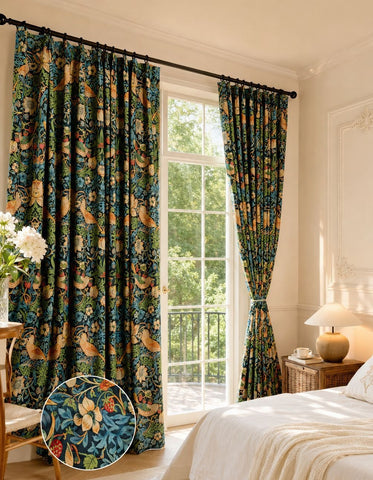 Rideau vert motif floral jaune salon moderne