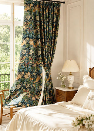 Rideau vert motif floral jaune salon moderne