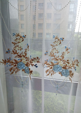 Voilage Blanc Motif Bleu