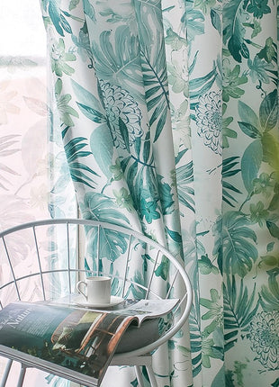 Rideau Leger Blanc Motifs Bleu Vert