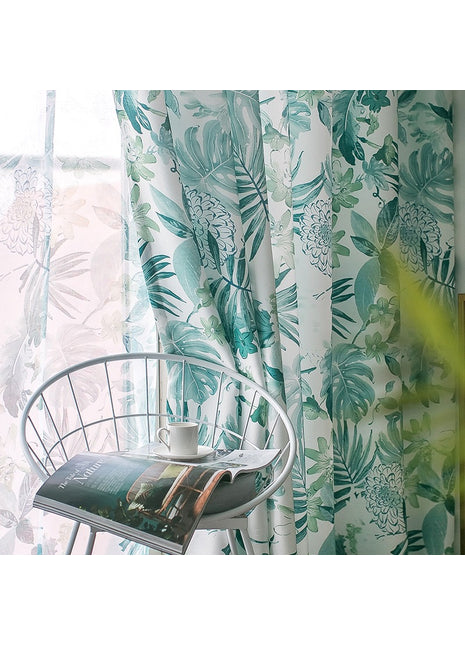 Rideau Leger Blanc Motifs Bleu Vert