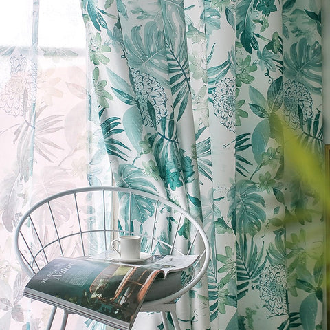 Rideau Leger Blanc Motifs Bleu Vert