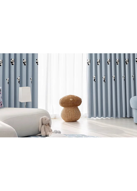 Rideau enfant panda brodé gris motif échiquier