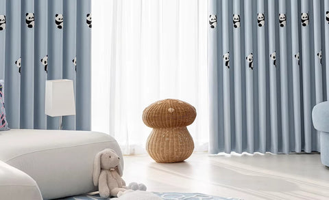 Rideau enfant panda brodé gris motif échiquier