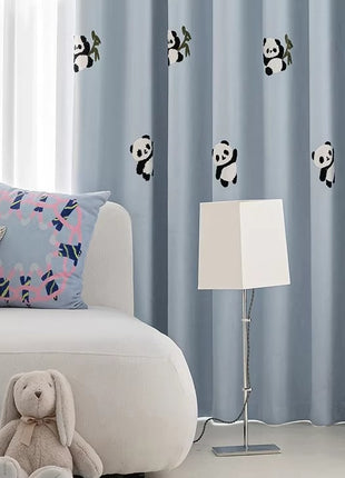 Rideau enfant panda brodé gris motif échiquier