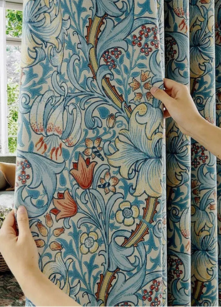 Rideau jacquard fleurs bleues et oiseaux style classique