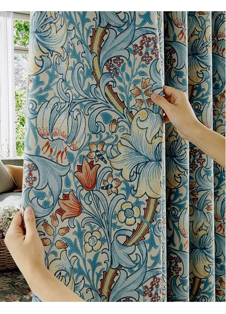 Rideau jacquard fleurs bleues et oiseaux style classique