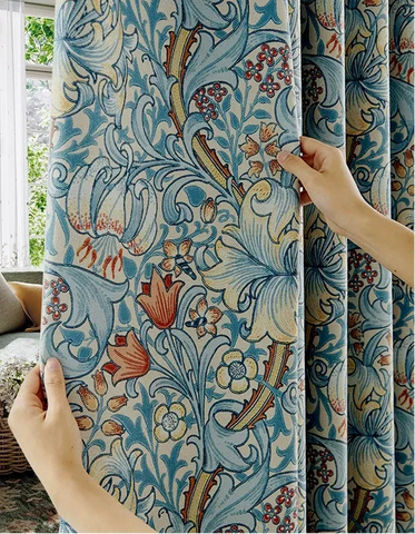 Rideau jacquard fleurs bleues et oiseaux style classique
