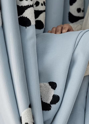 Rideau enfant panda brodé gris motif échiquier
