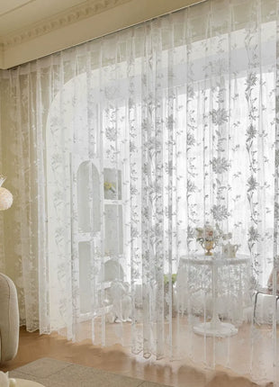 Voilage blanc brodé fleurs beige style romantique pour chambre