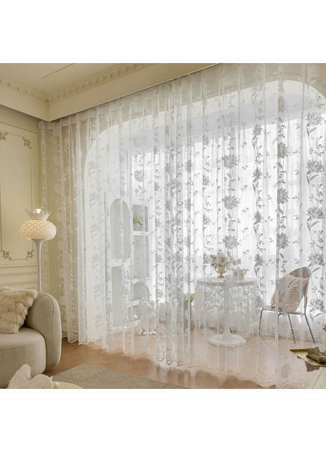 Voilage blanc brodé fleurs beige style romantique pour chambre