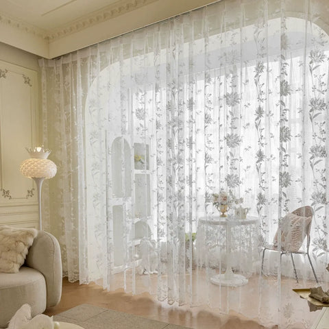 Rideau voilage brodé motif floral romantique