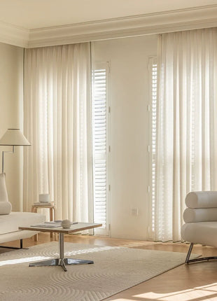 Rideau velours côtelé beige motifs géométriques