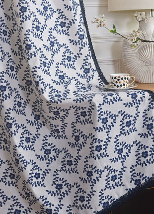 Rideau Blanc Motifs Bleu Fleur
