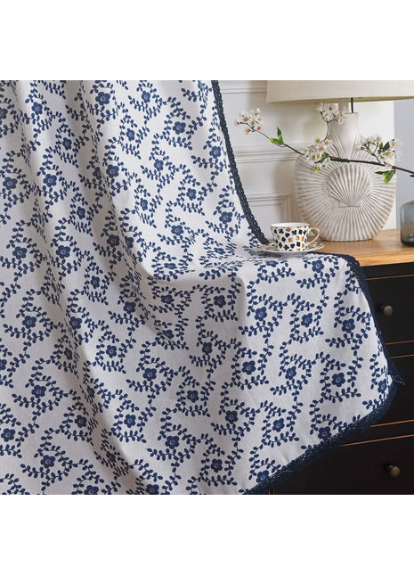Rideau Blanc Motifs Bleu Fleur