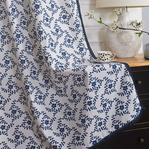 Rideau Blanc Motifs Bleu Fleur